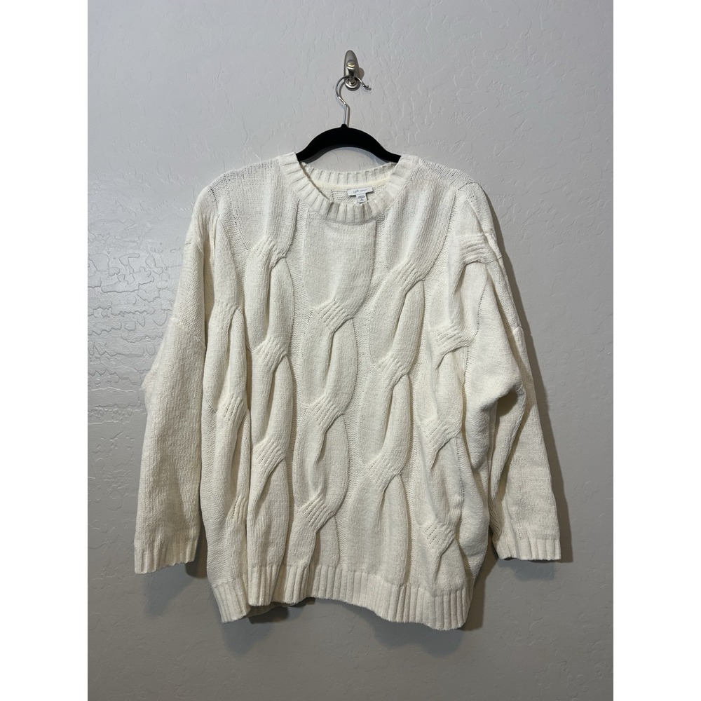 J Jill Cream Chenille Knit 3/4 Sleeve Coastal Crew Neck Sweater Size XL Altered